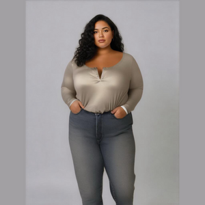 Capella Plus Size Dunkin’ Latte Long Sleeve Split Neck Linen Blend Bodysuit